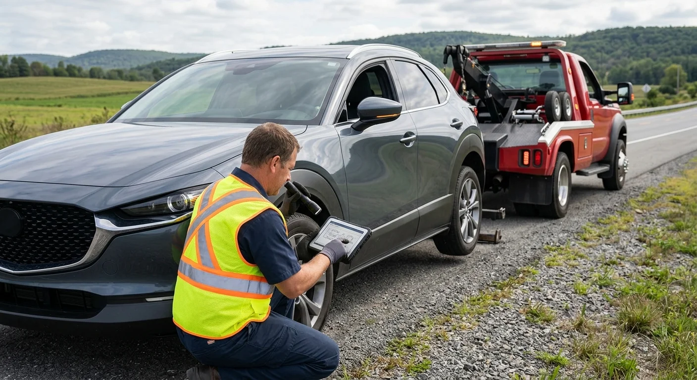 An all-wheel-drive crossover beside a wheel-lift tow truck