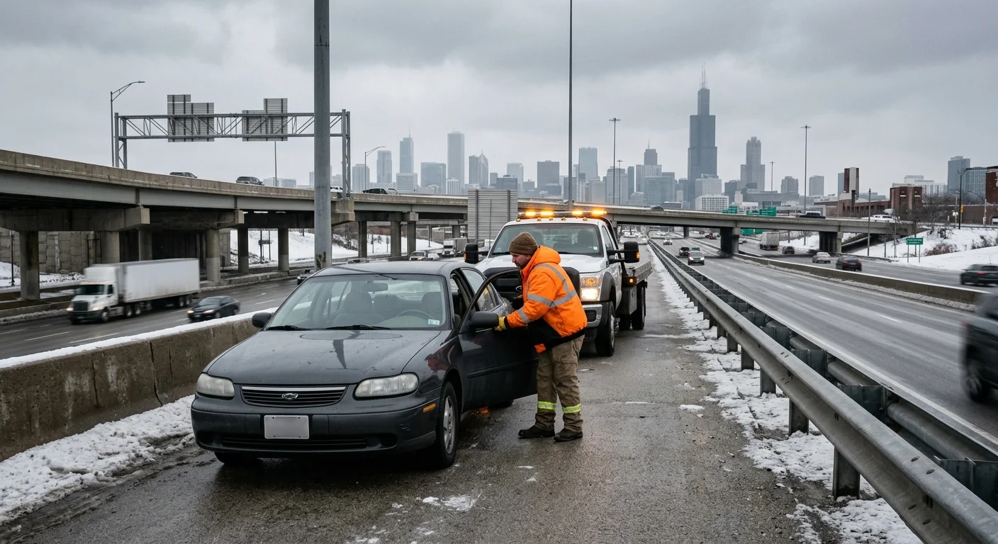 Disabled car stopped on a Chicago expressway overpass in gray winter light