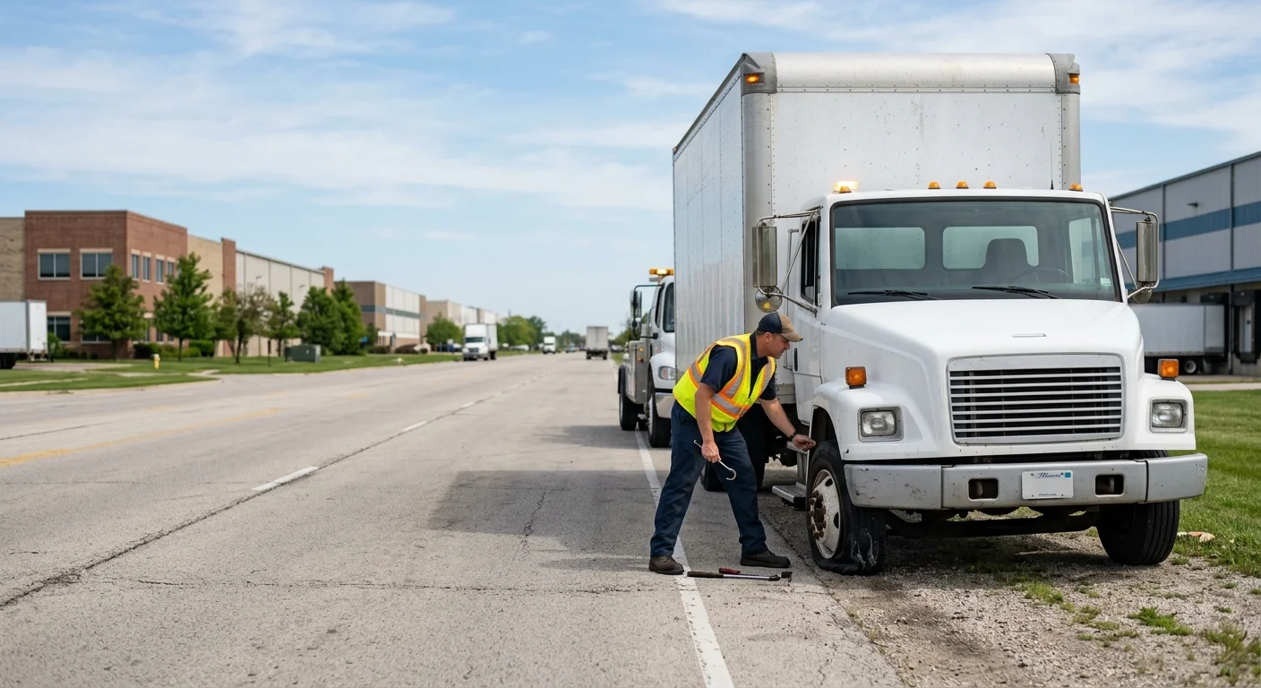 A disabled box truck on an industrial road in Elk Grove Village with warehouses behind it