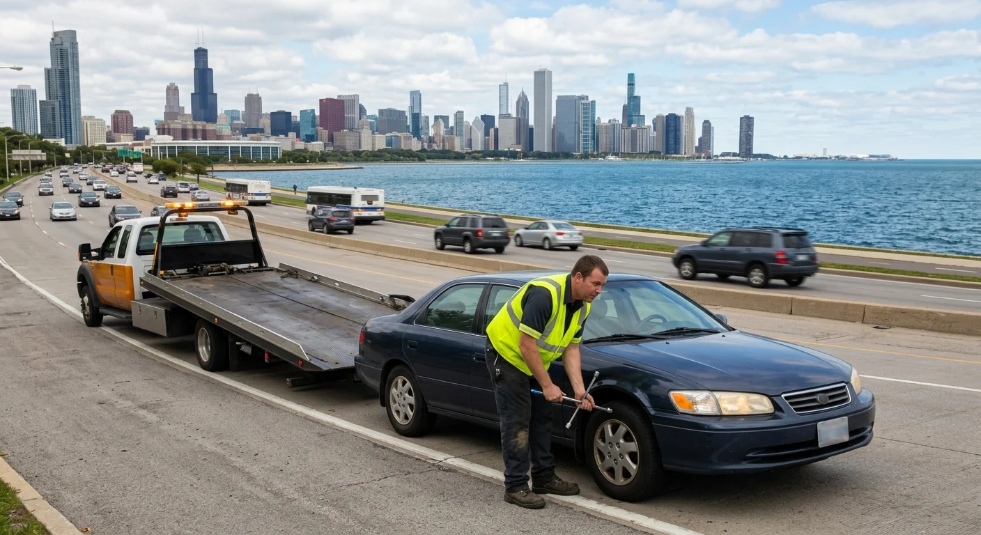 A disabled car stopped beside DuSable Lake Shore Drive with Chicago's lakefront