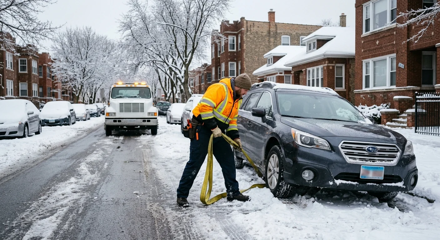 Car immobilized beside a snowy Chicago residential street