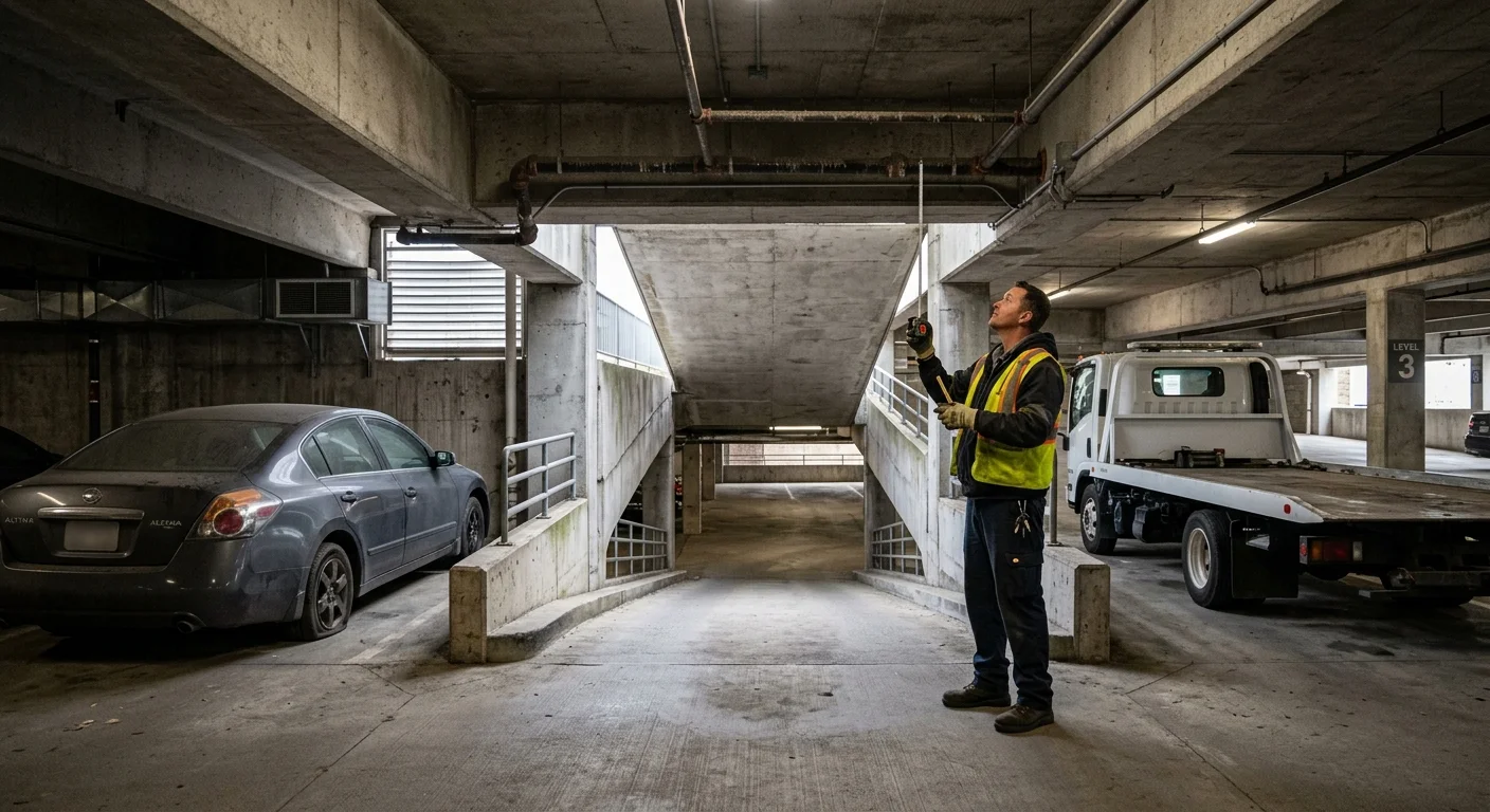 A disabled sedan inside a concrete parking garage while an independent towing operator checks access