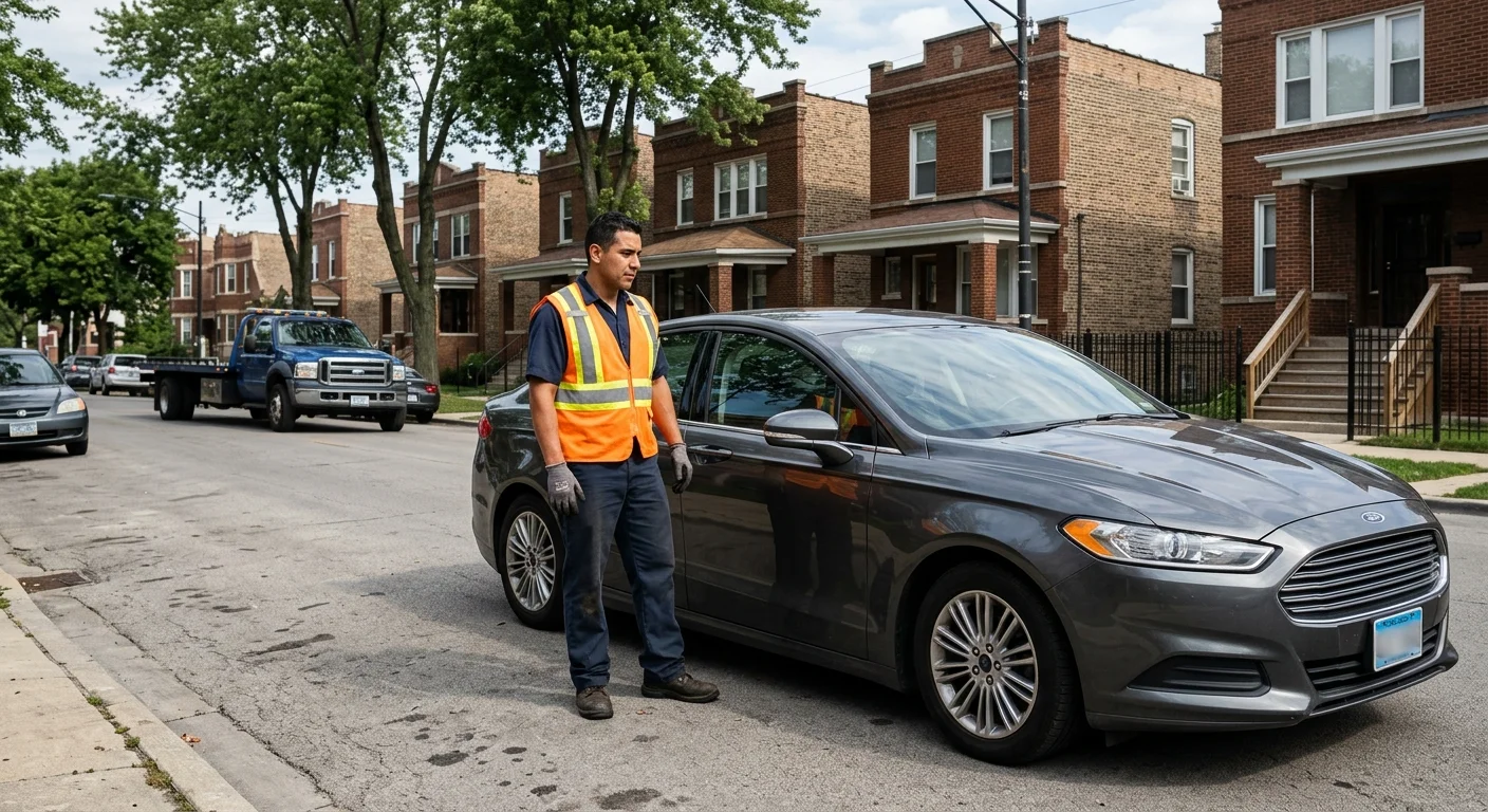 Conductor junto a un sedán cerrado en una calle residencial del Southwest Side de Chicago