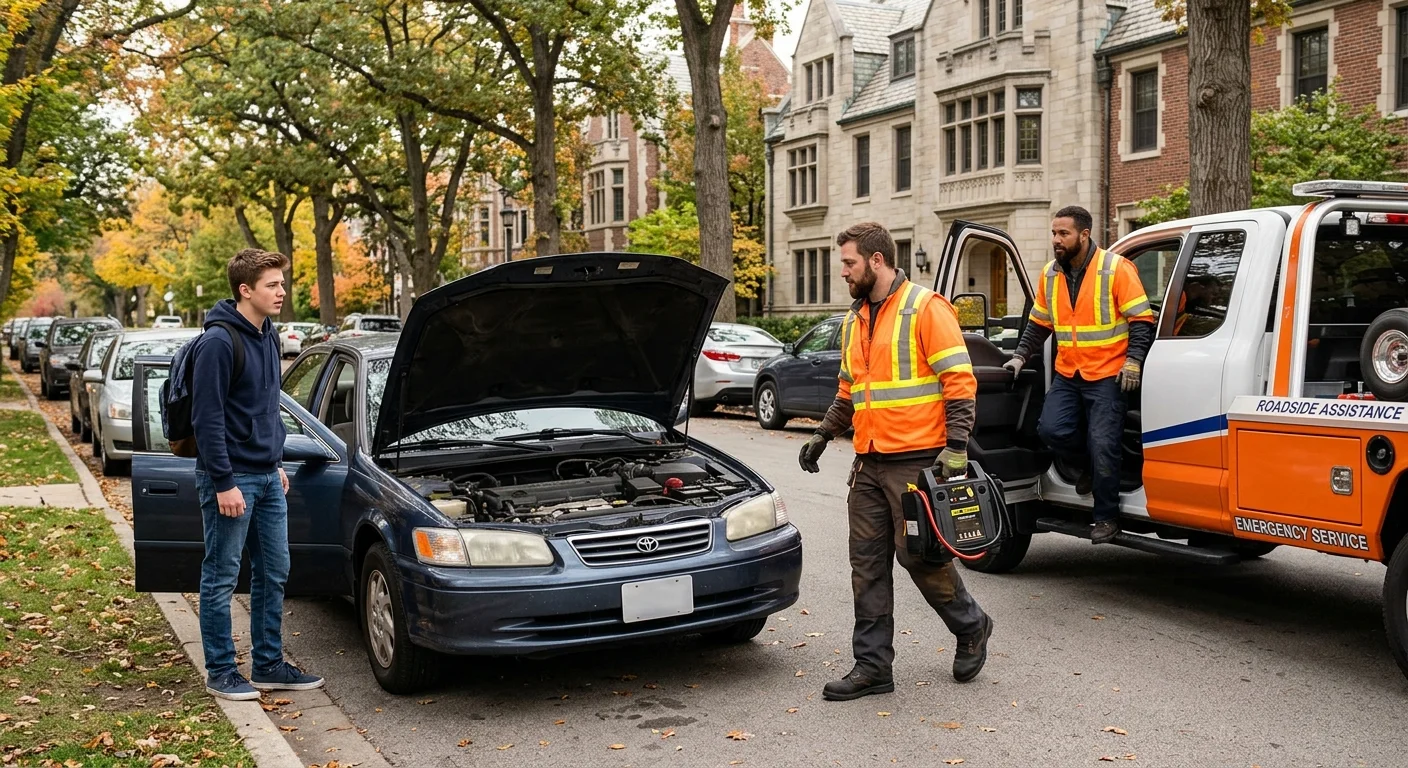 A driver beside a car with a dead battery on a tree-lined Evanston street