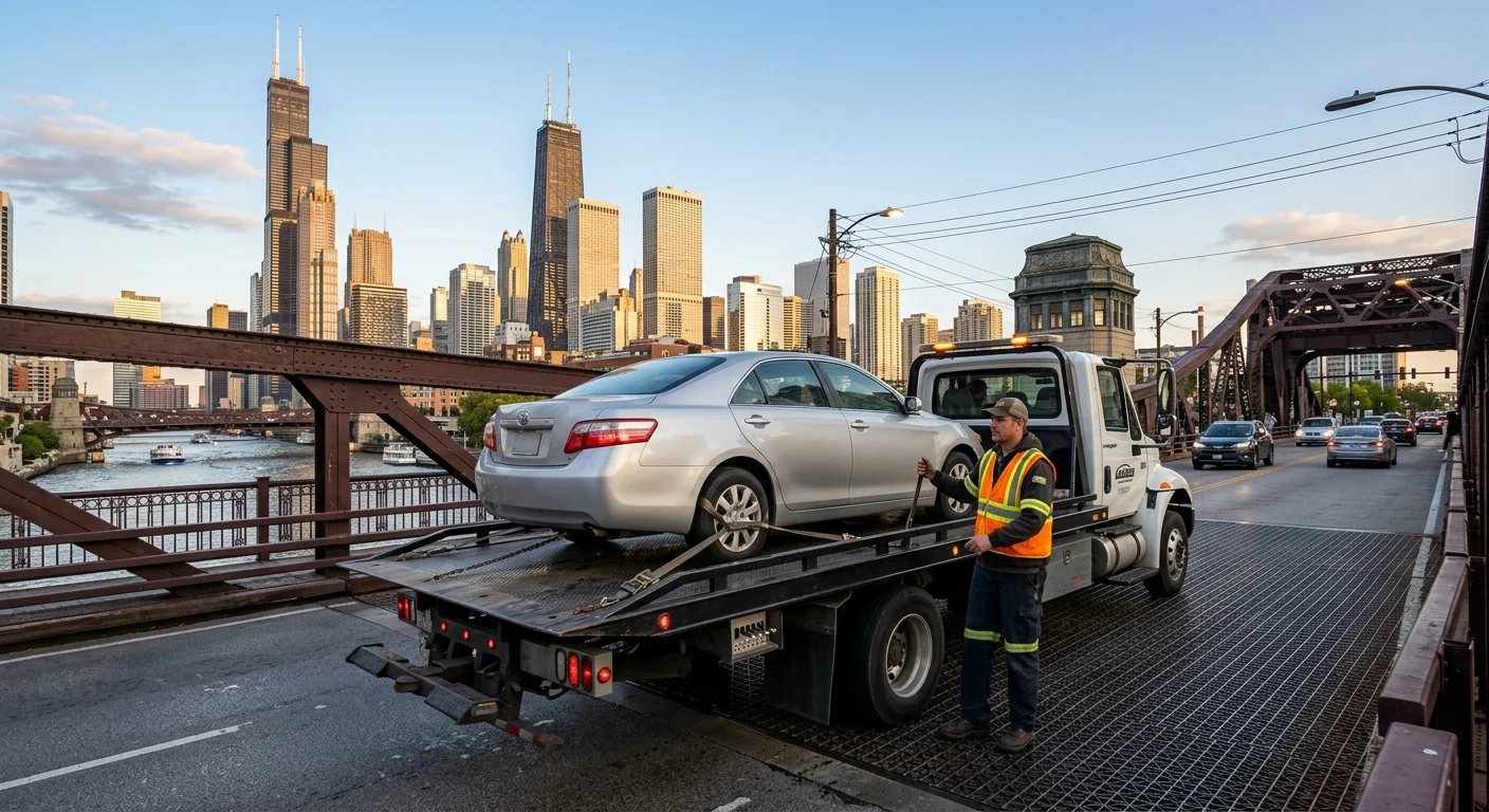Flatbed tow truck carrying a sedan across a Chicago bridge