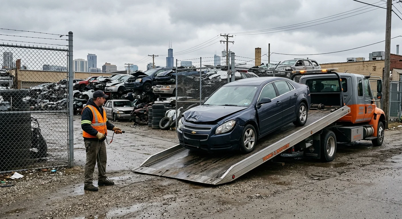 A damaged sedan being loaded onto a flatbed at a Chicago salvage yard