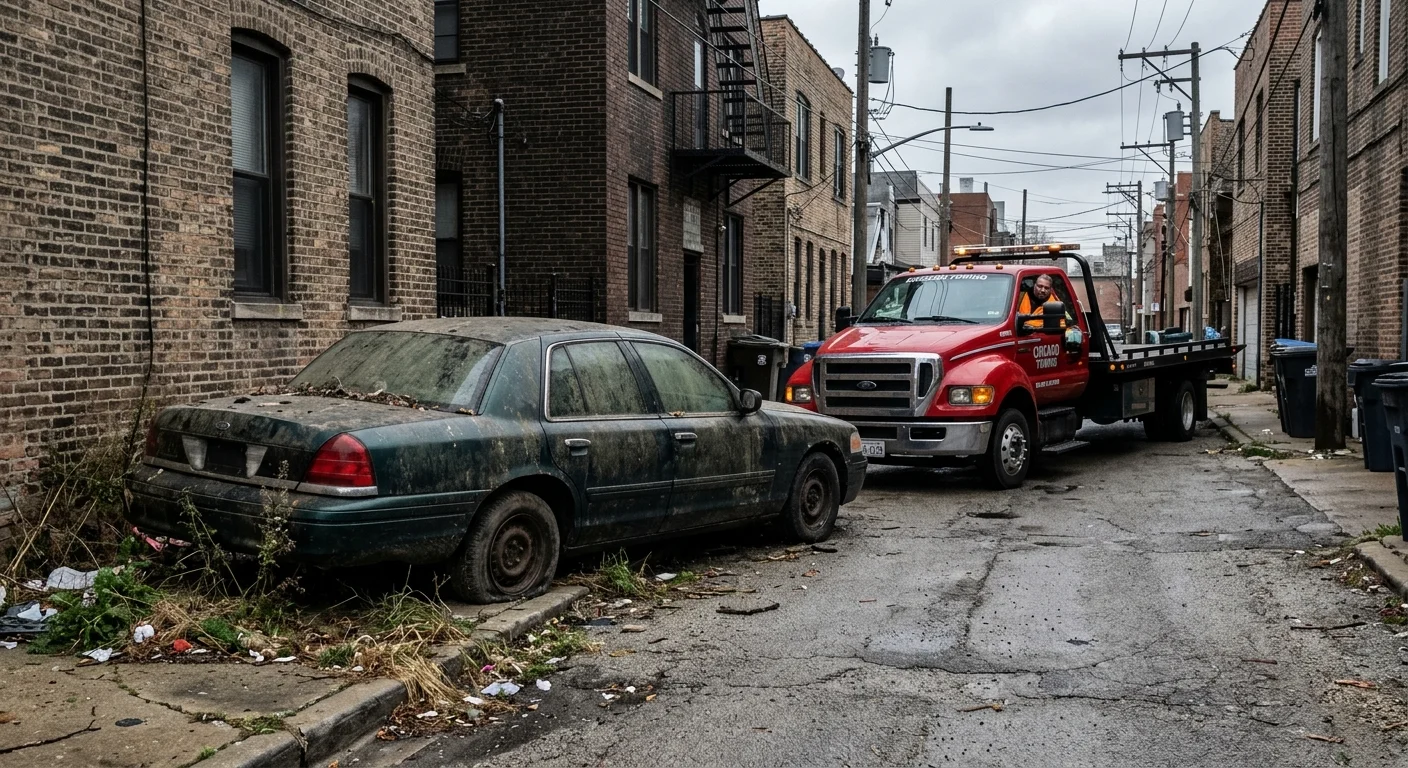 A dusty long-parked car with a flat tire in a Chicago alley