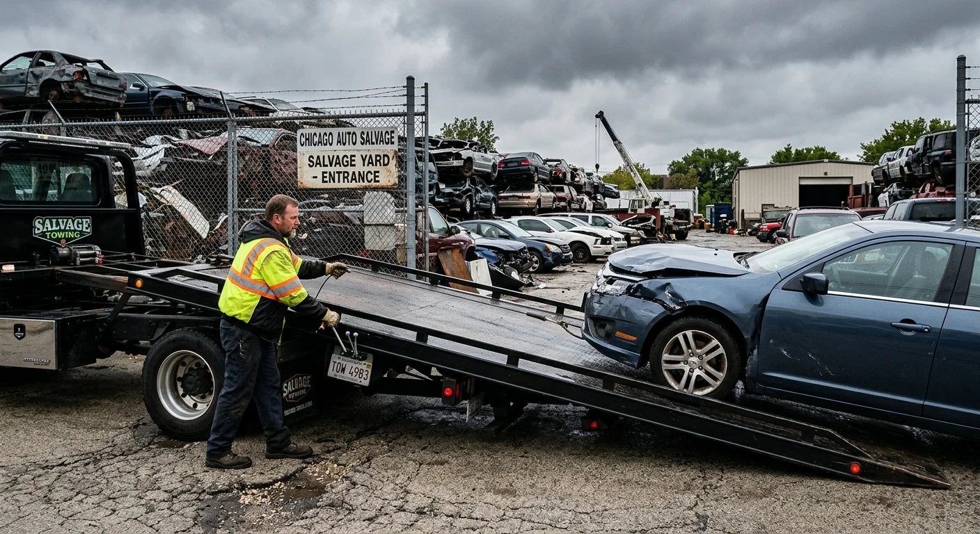 A damaged sedan being loaded onto a flatbed near a Chicago salvage yard