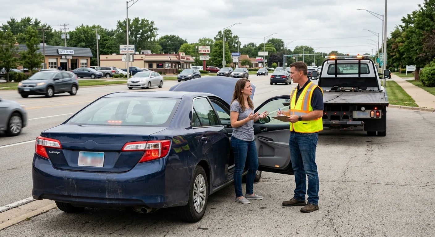 Disabled sedan on a Naperville arterial as an independent operator talks with the driver