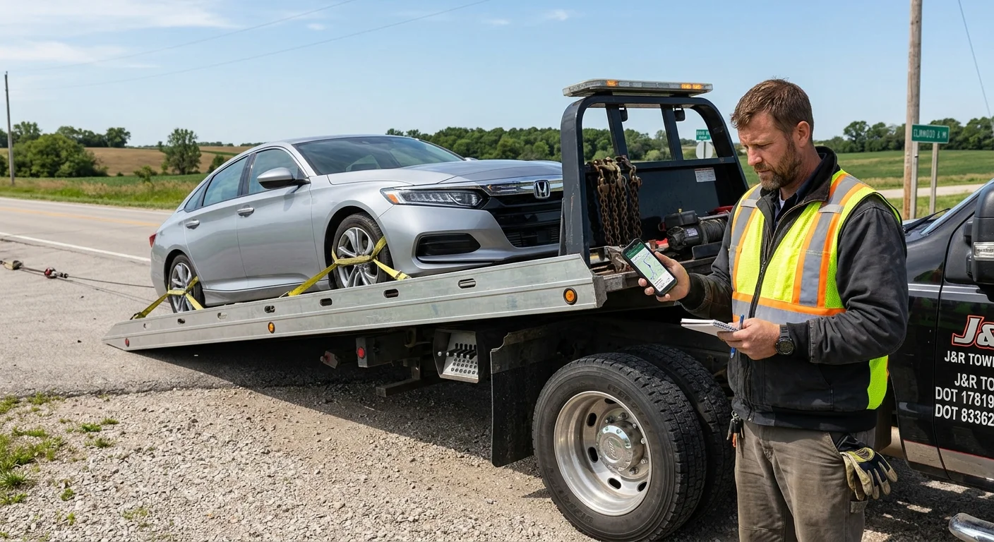 A sedan beside a flatbed operator as its owner reviews pickup details