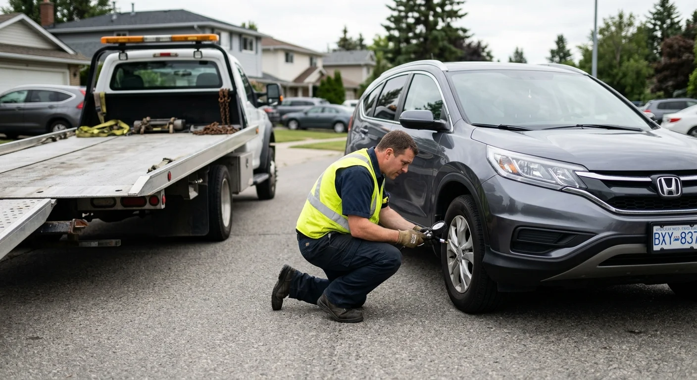 Parked car with no keys as an independent operator checks wheel position and loading access
