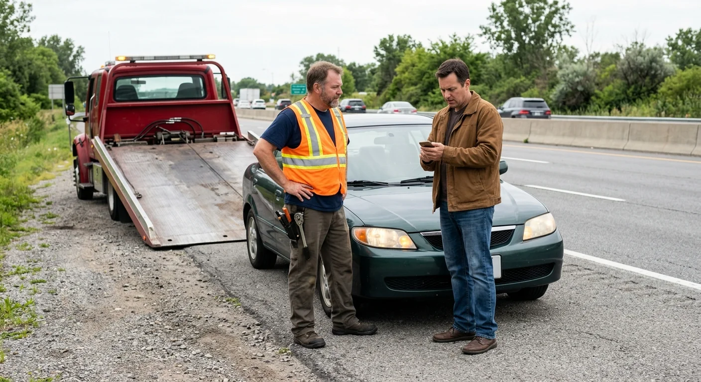 Disabled sedan beside a flatbed as the owner checks destination options