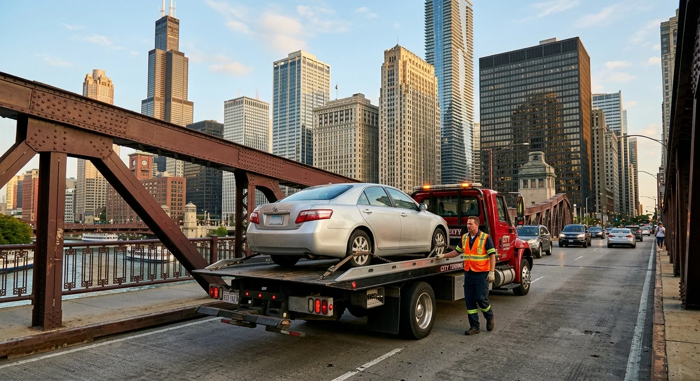 A flatbed tow truck carrying a sedan across a Chicago bridge