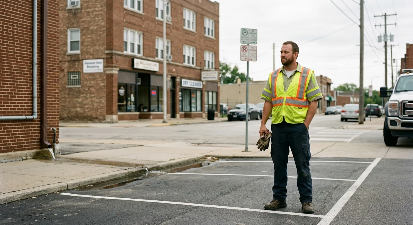 Driver at an empty Elgin parking space beside mixed commercial and residential buildings