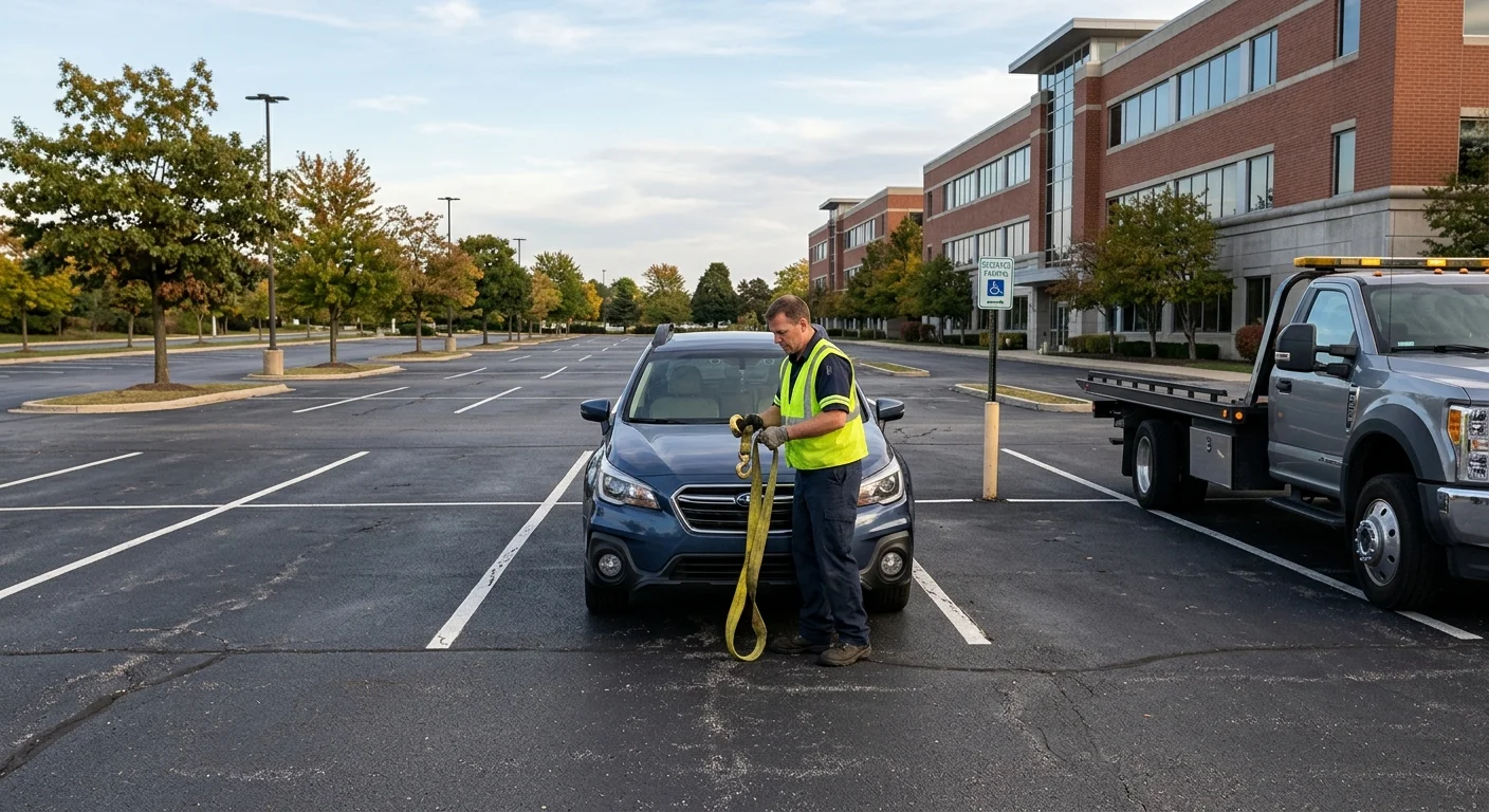 Driver standing in an empty Schaumburg mall parking space beside a large commercial building