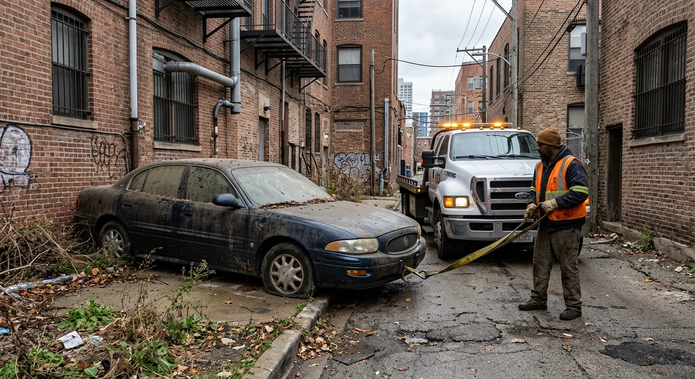 A dusty car with a flat tire parked in a Chicago alley