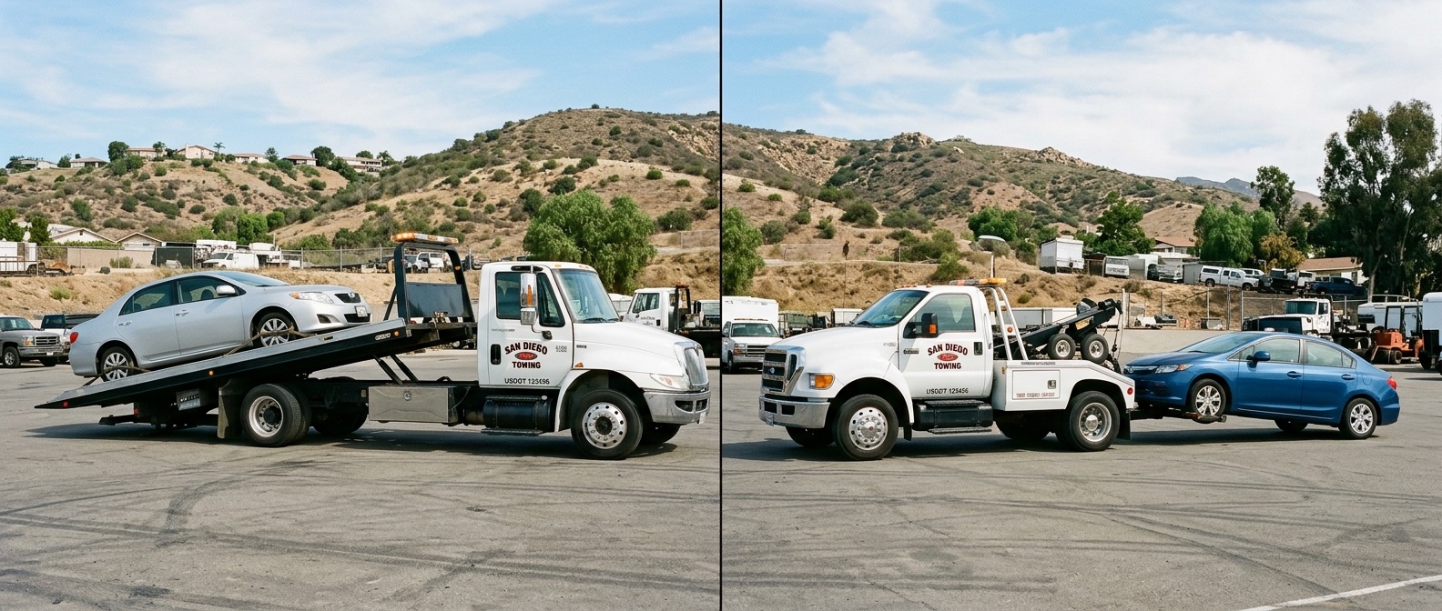Side-by-side comparison of a flatbed tow truck and a wheel-lift tow truck loading vehicles in a Chicago service yard