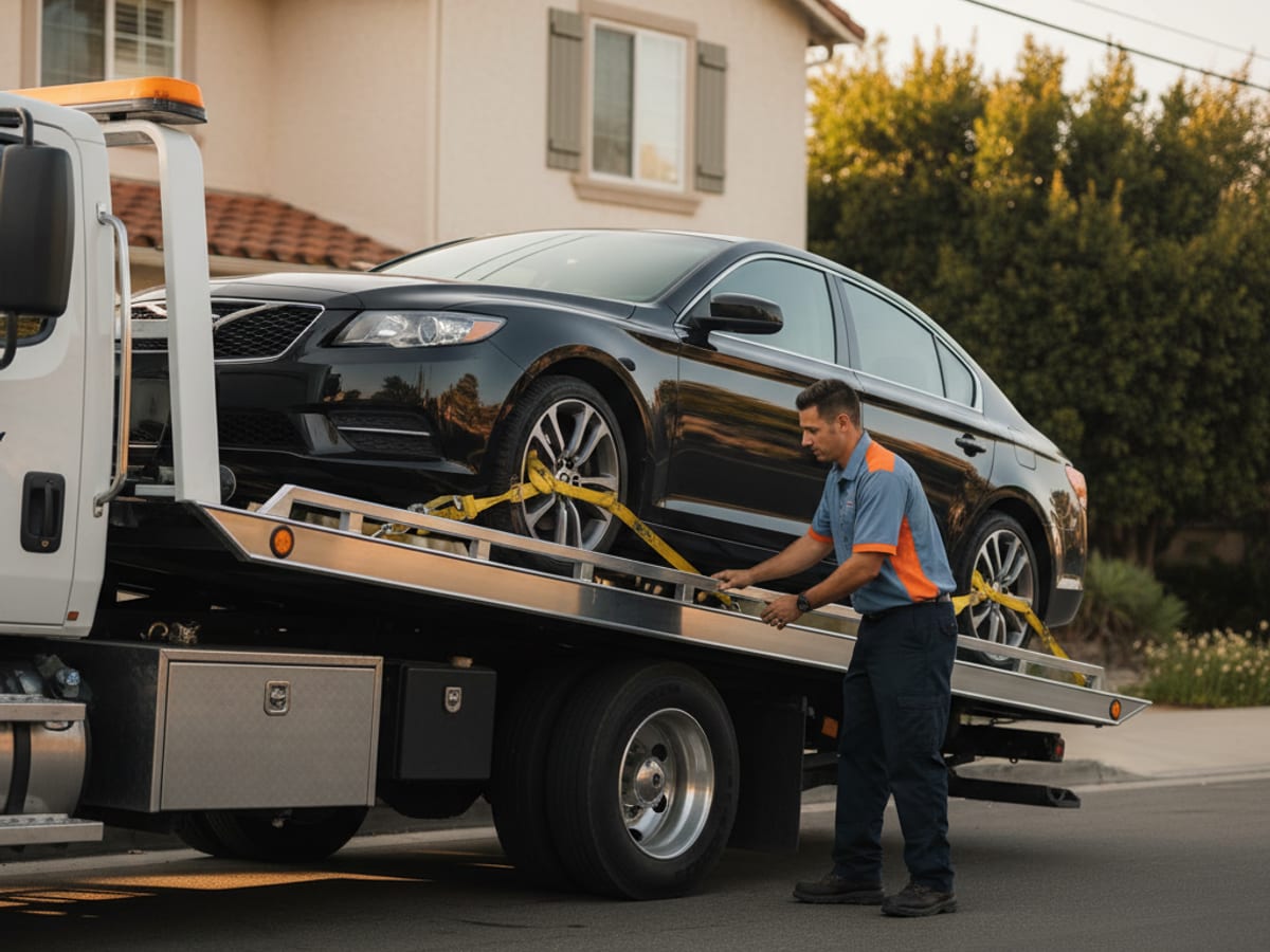 Quick Tow Chicago rollback flatbed loading a Tesla with soft straps on a residential Chicago street