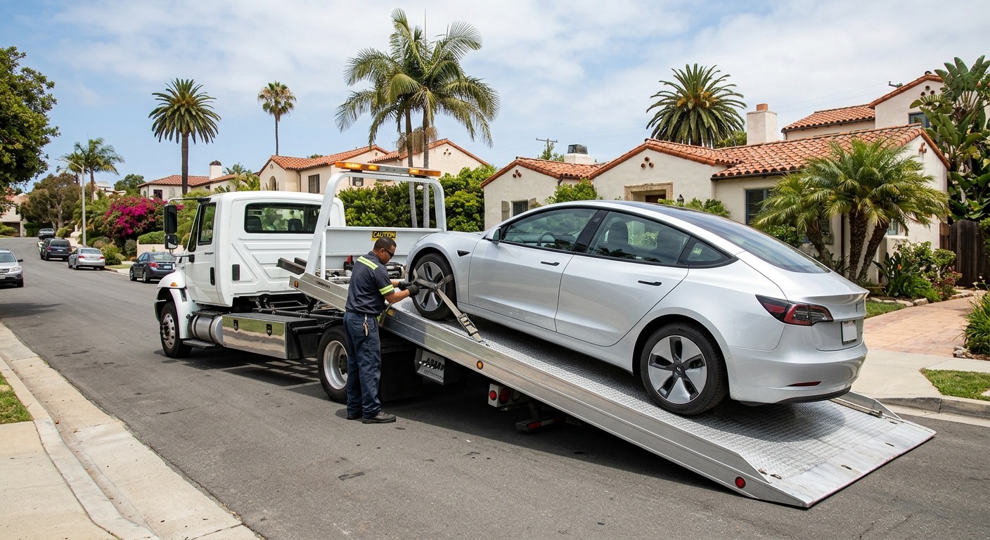 Quick Tow Chicago flatbed loading a Tesla Model 3 with soft straps in a Chicago driveway, charge port closed and Transport Mode engaged